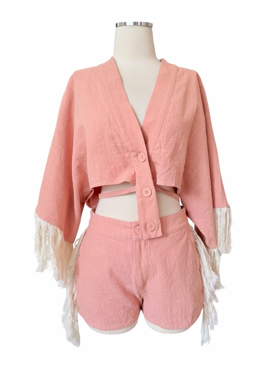 Nichole Lynel Jackets & Blazers - NWT 2PC Nichole Lynel Light Pink Boho Festival Vibes Fringe Jacket & Shorts Sz M